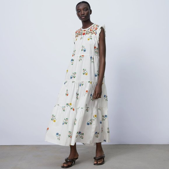 Zara White Embroidered floral Midi peasant Dress. - Picture 1 of 16